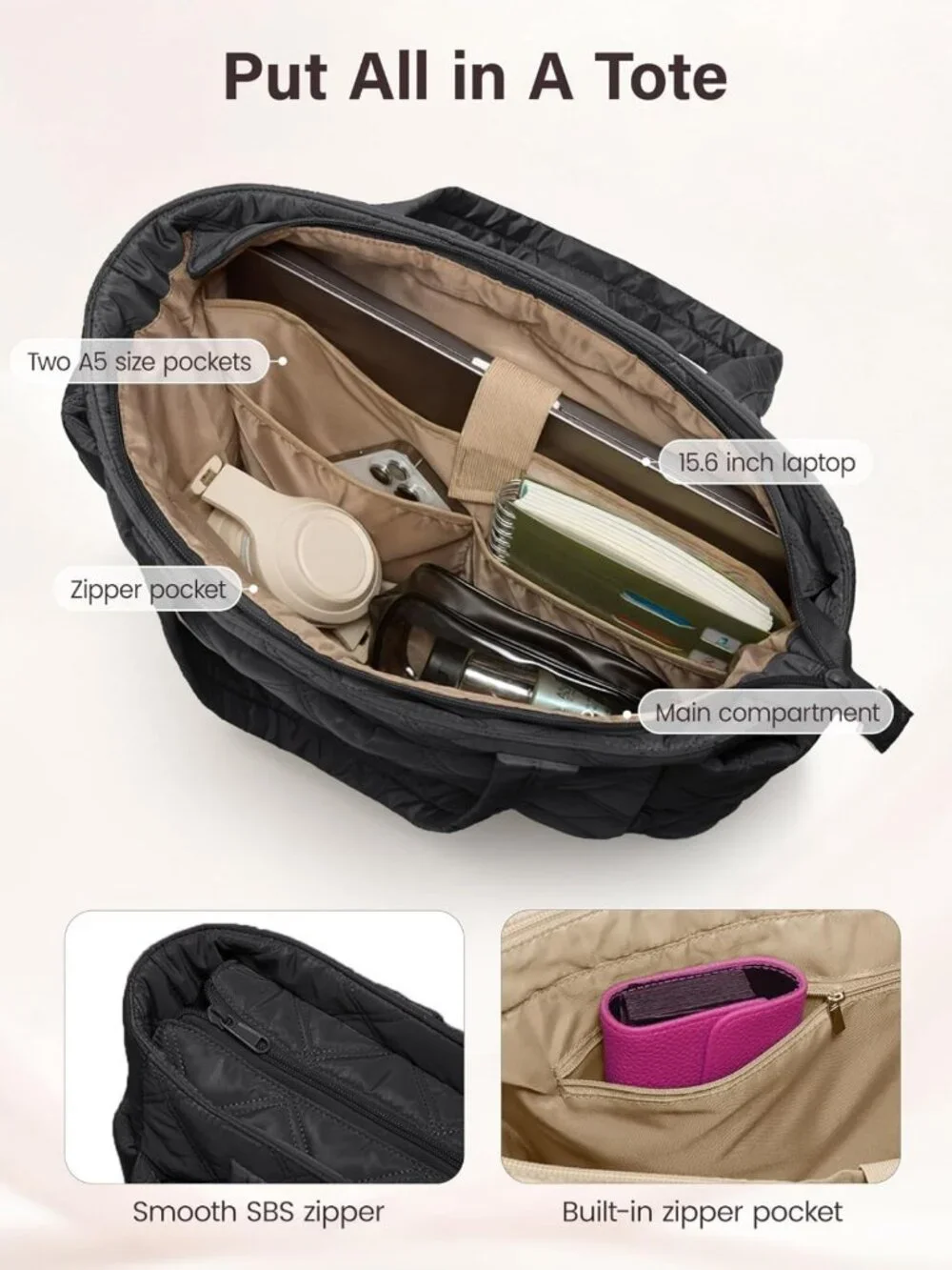 Lightweight Quilted Tote Bag for Women, Puffer Work Bag with Compartments